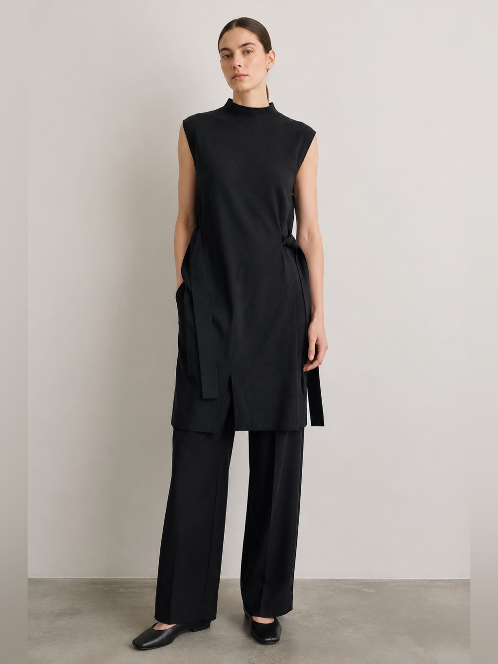 COS Belt-Detail Merino Wool Mock-Neck Dress Tunic Black Sz M Sleeveless Tie